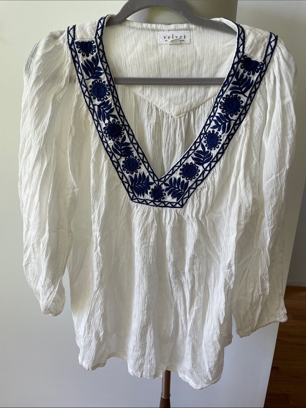 Velvet by Graham & Spencer White Tunic with Navy Embroidery